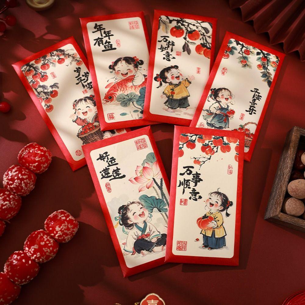 6 шт. Детские карманы для денег в китайском стиле, красные конверты, подарочные упаковочные пакеты, детские подарки