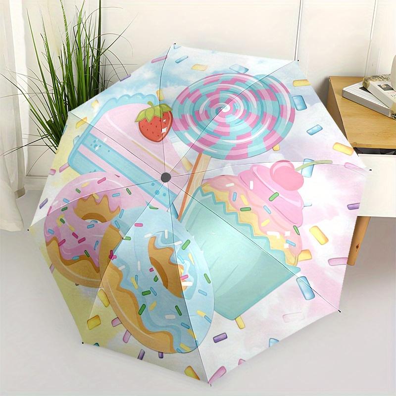 Dessert Automatic Folding Umbrella Simple 8 Rib Design, Bright Cartoon Pattern, Durable Iron Frame, Suitable For Travel, Outdoor, Beach Cu