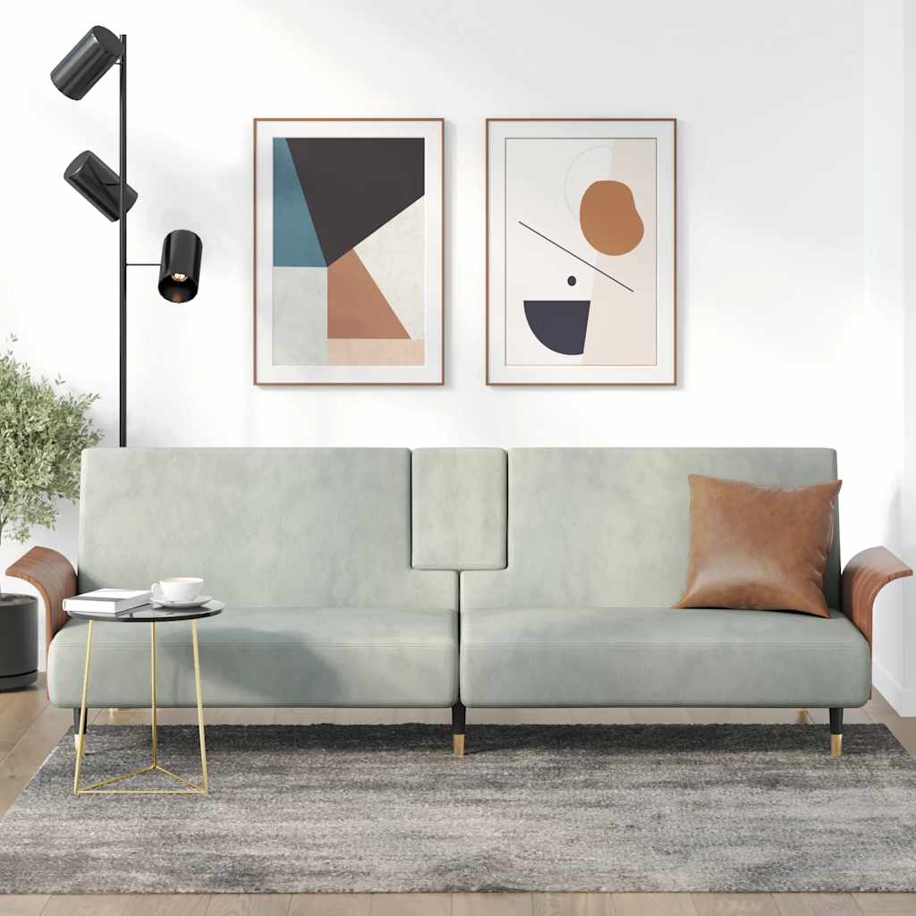 Grey Velvet Sofa Bed with Drink Holders