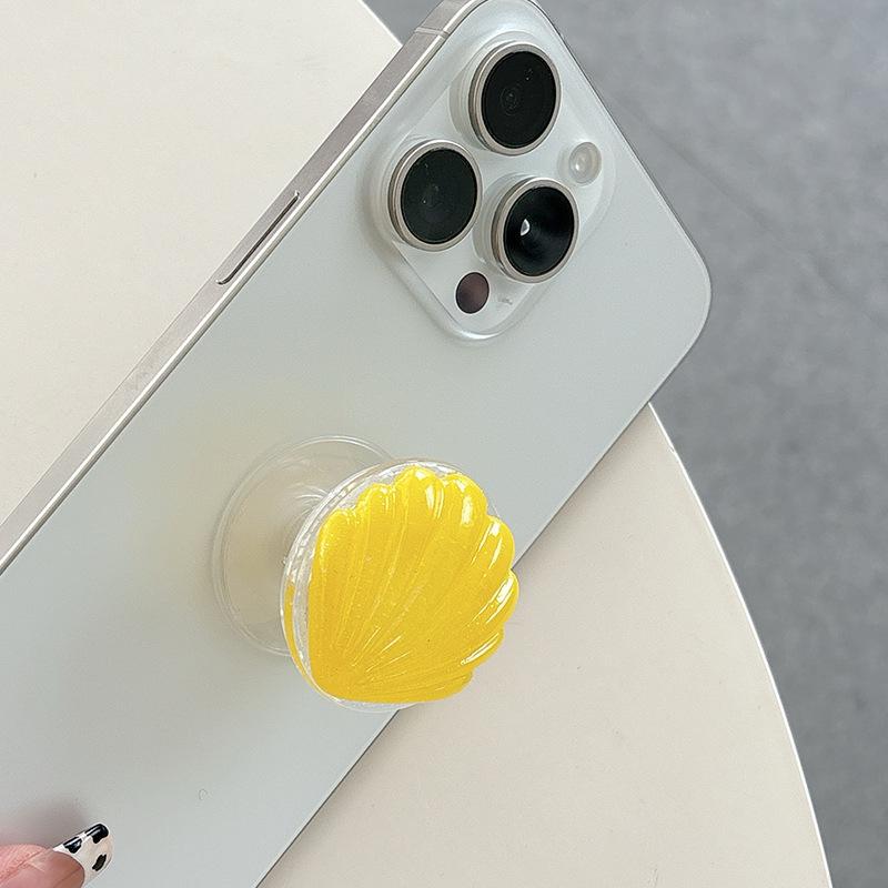 1pc Cute Shell Glitter Phone Air Cushion Stand - Adjustable Retractable Holder with Adhesive Backing, Yellow & Clear Design