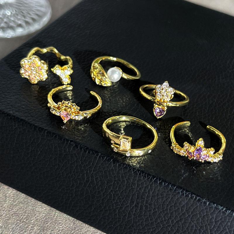 ins wind light luxury retro sweet cool pink purple diamond flower ring women's bright bright leaves high-end temperament ring