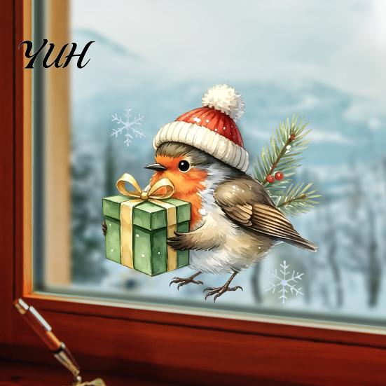 Decorative Window Stickers for Home Christmas Bird Static Clings, PVC Waterproof Decals with Santa Hat And Creative Gifts Lovers Gift Box, Removable