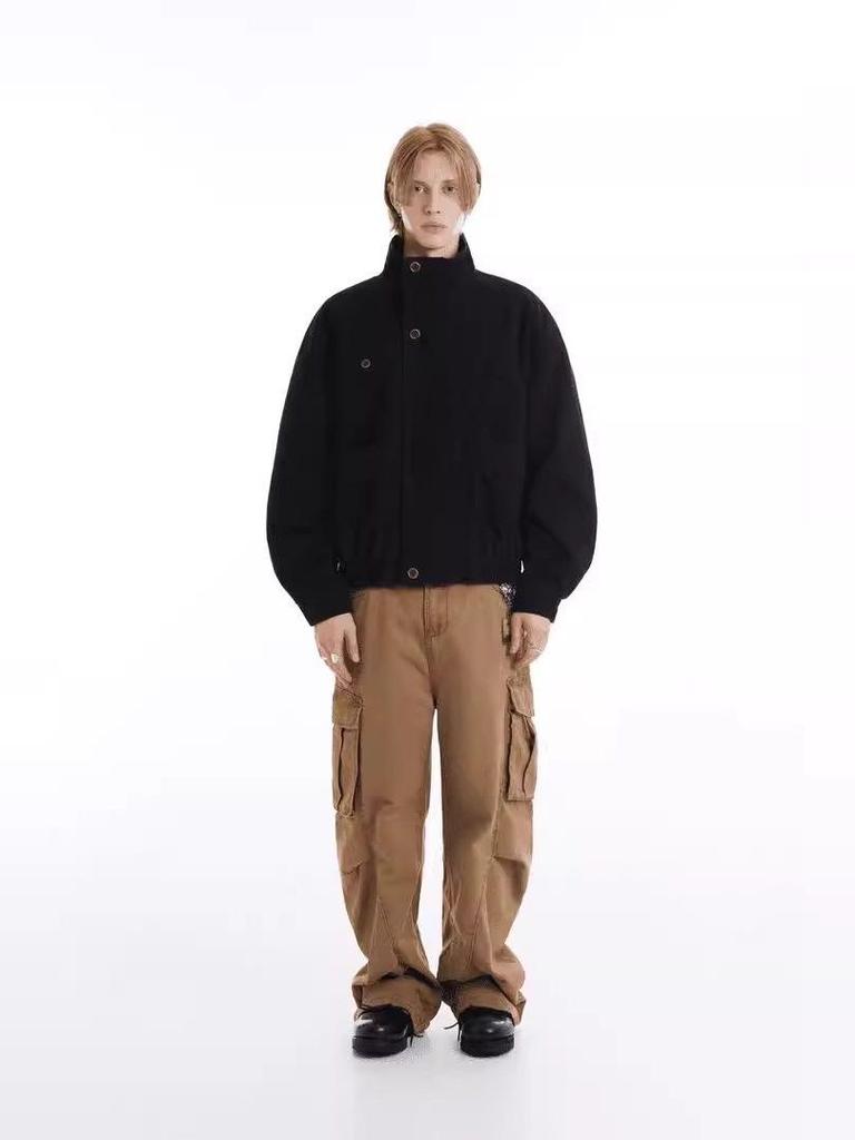 Унисекс Ретро Потертая Холщовая Куртка-Сарай - Прямой Крой, Стойка Воротник, Модный Стиль