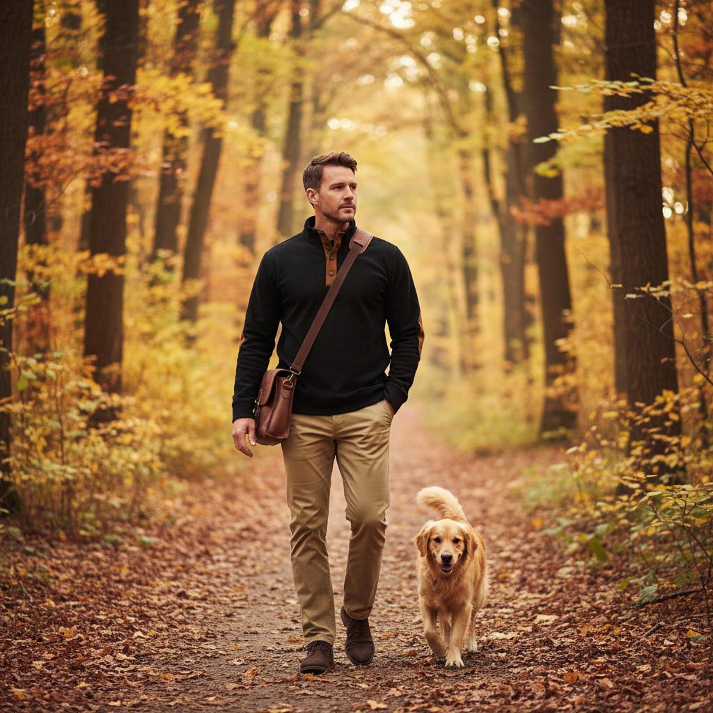 Men's Black Ribbed Sweater with Brown Leather Accents - Autumn Style for Outdoor Wear