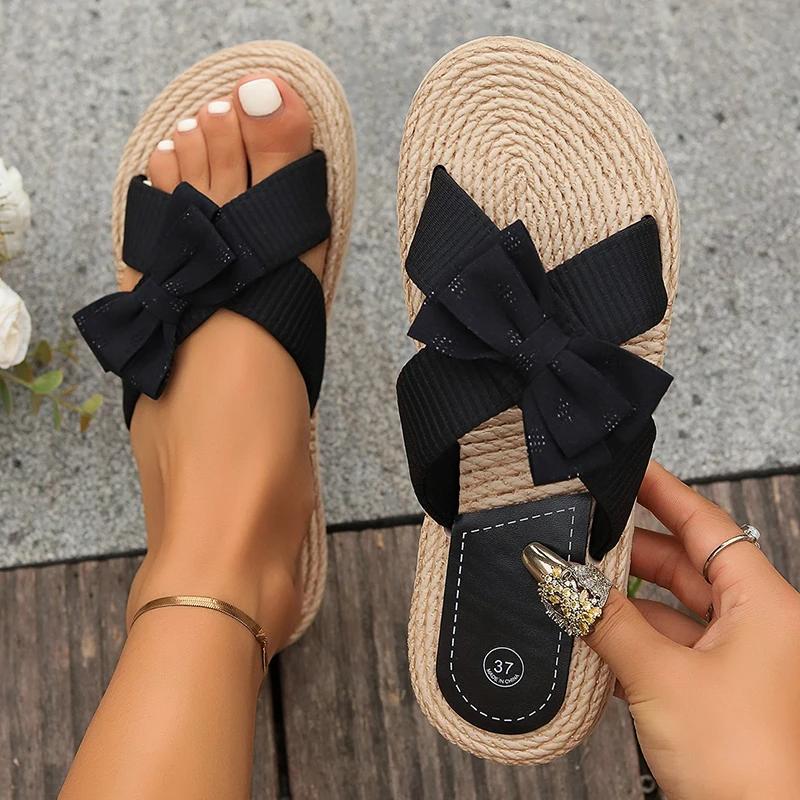 Fashion Summer Beach Vocation Slides Women Outdoor Pink Bowknot Decor Cross Strap Linen Slippers Women Lightweight Comfort Flat Sandals