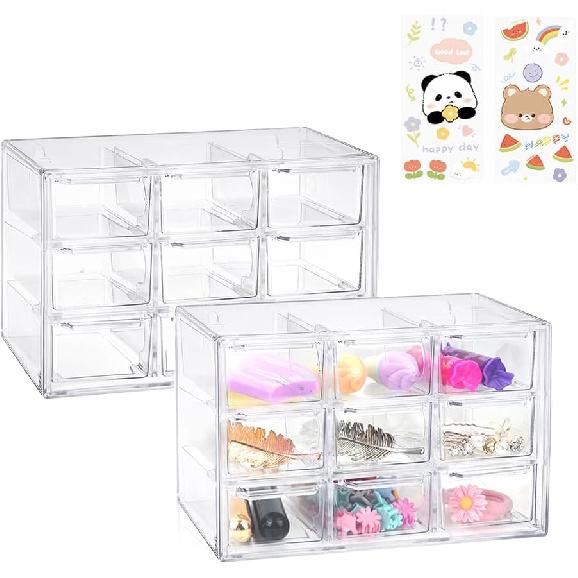 2 Pcs Acrylic Clear Stackable Storage Drawers, Desk Storage Organizer with 9 Mini Drawers, Removable Storage Box with Sticker for Makeup Jewelry