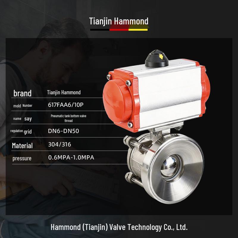Hammond Pneumatic Sanitary Tank Valve FQ611F-10P: Threaded Ball, Half/Full Open, No Dead Space.