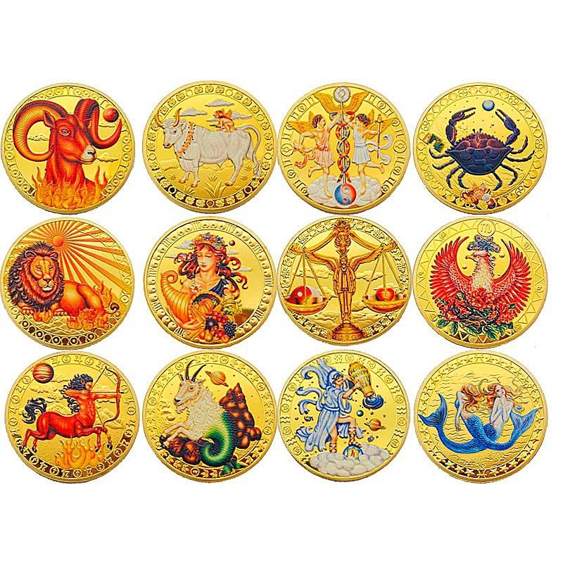 Twelve zodiac signs, color printing, Scorpio, gold-plated color printing commemorative medal, Gemini of love, decorative gold coin, Libra coin