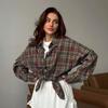 Клетчатый кардиган в стиле ретро, повседневный, универсальный, с лацканами, с длинными рукавами, женские блузки и рубашки
