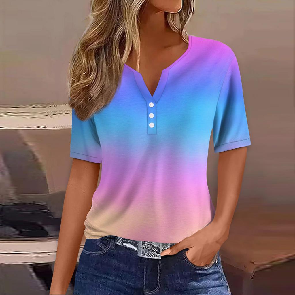Женская футболка Футболка Принт Пуговица Короткий рукав Повседневная Мода для выходных Базовая V-образный вырез Обычный топ