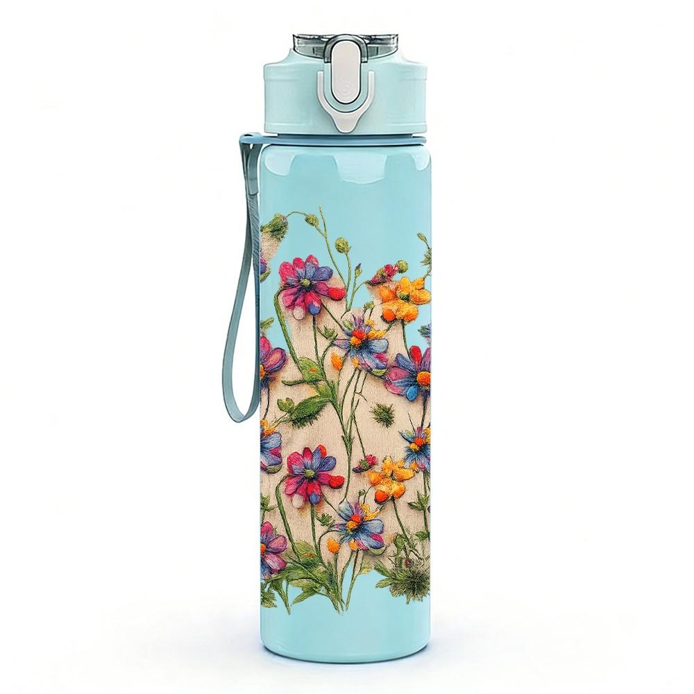 1PC Wild Mixed Garden Flower Bouquet Print 750ml Color Plastic Sports Water Bottle Leakproof Flip Straw Lid Suitable for Sports Office Home Use