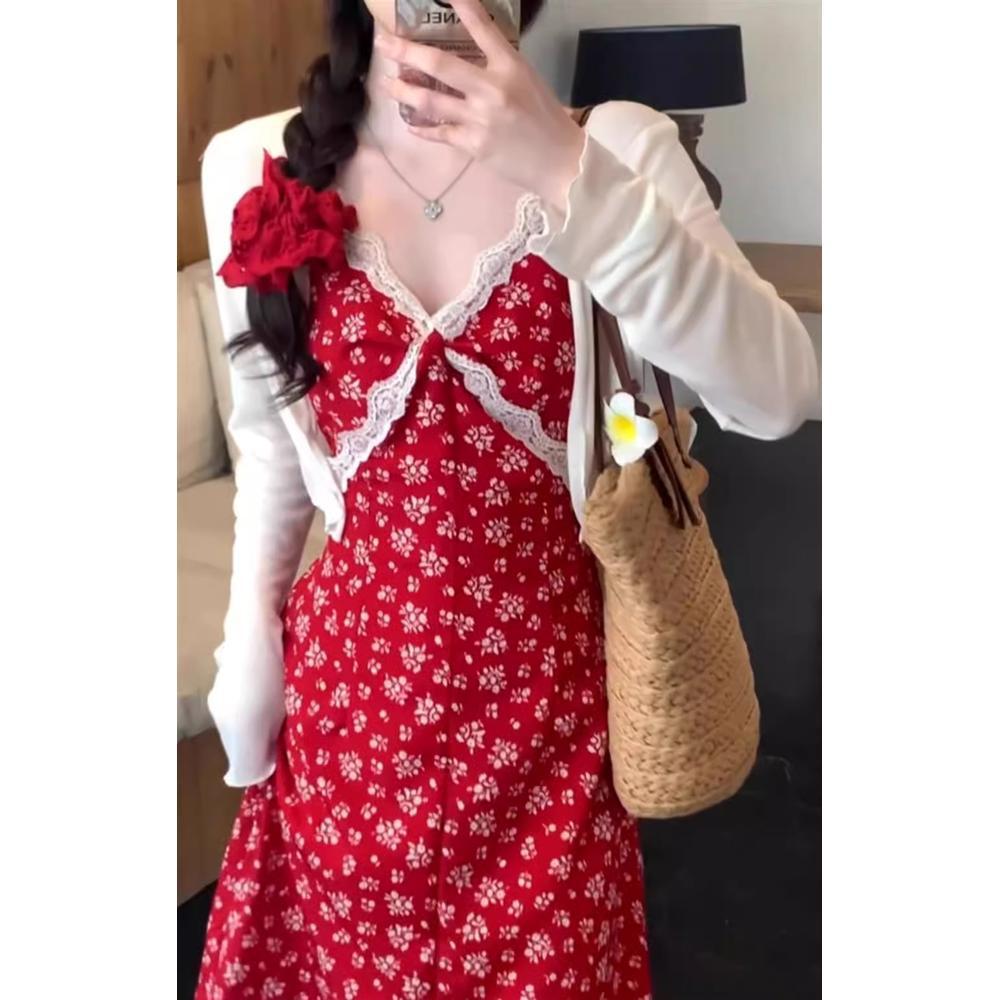 Ретро цветочное платье темпераментное красное платье женское лето пикантная девушка талия отпуск ветер морской берег А-силуэт платье на бретелях