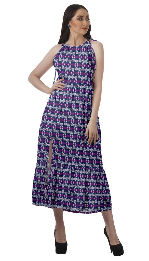 Moomaya Rayon Halter Neck Sleeveless Front Slit Holiday Dress Women Printed