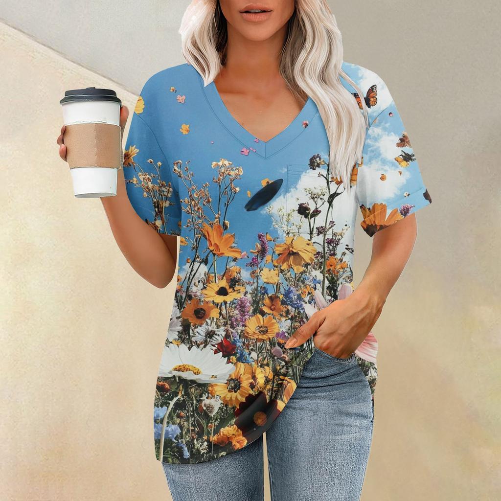 Women's Fashion Pocket V-neck Short Sleeve Plant Floral Print T-shirt Top