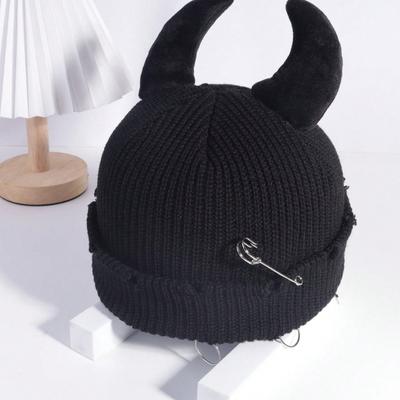 1 шт. Унисекс Шапка-бини с рожками, Милая теплая многофункциональная уличная шапка-череп, Подходит для Хэллоуина, вечеринки, фестиваля зимой