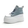 New 8cm Denim Genuine Leather 2025 Women Fashion Lace Up Ankle Boots Platform Wedge Lady Autumn Fashion Zip High Brand Shoes