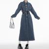 Retro Denim Suit Dress Women's Spring One-piece Long-sleeved Women's Waist Split Long Skirt