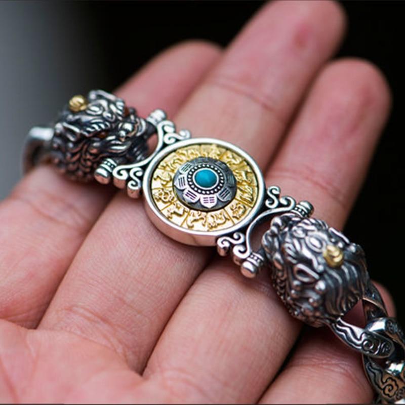 Серебряный браслет в китайском стиле в стиле ретро, ​​двойной Pixiu, девять дворцов, которые могут вращаться, властные мужские и женские пары, персонализированные подарки