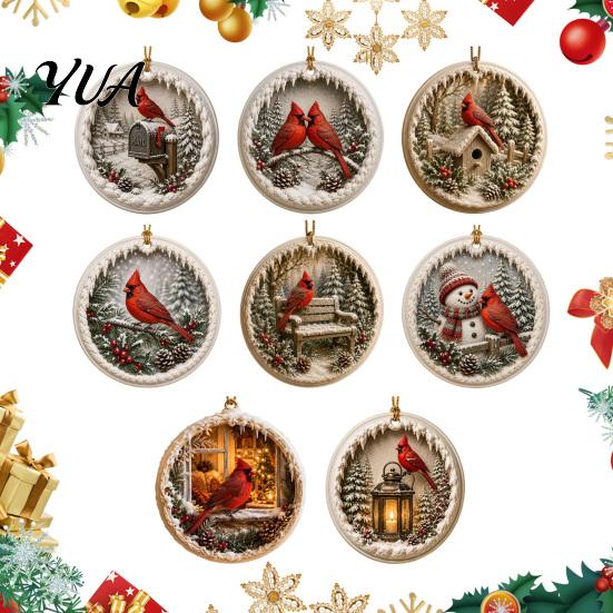 Traditional Christmas Tree Ornaments 2 Pcs Red Bird Ornaments, 2D Round Acrylic Snowy Scene Elegant Indoor Seasonal Decorations Xmas Hanging