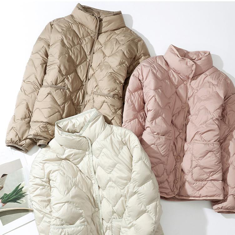 Women Ultralight Down Jacket Autumn Winter Outwear Casual Argyle Stand Collar Simple Coat Korean Style