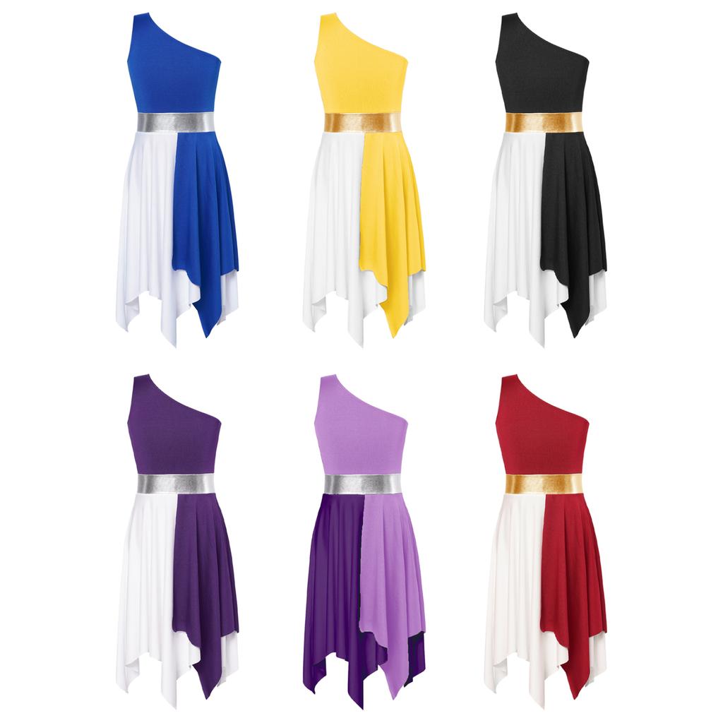 Детские лирические танцевальные костюмы без рукавов для девочек, асимметричное балетное платье контрастного цвета для фигурного катания