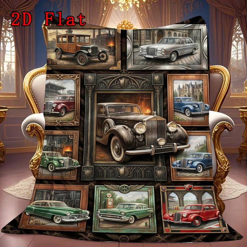 Classic Car Art Rug 2D Flat Pattern Flannel Blanket, High quality All Seasons, Home Decor, Warmth and Comfort, Perfect for Christmas Gifts.