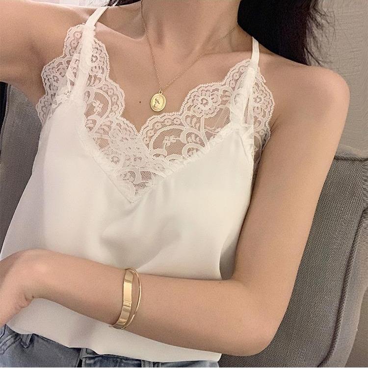 White Suspender Female Lace Vest Summer Suit with V-neck Large Top Lace Bottom Loose Solid Casual Top
