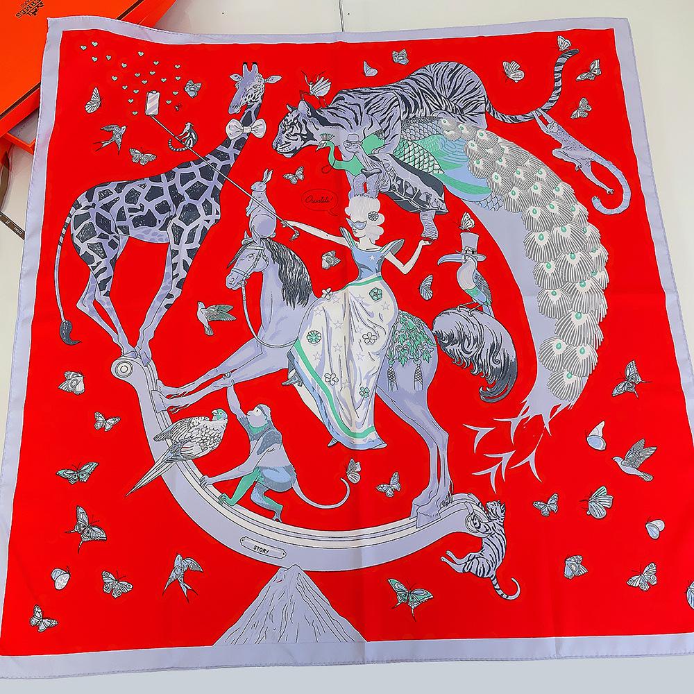 Manual Hand Rolled Twill Silk Scarf Women Animals Print Square Scarves Wraps Echarpes Curled Foulards Femme Bandana Hijab 90CM