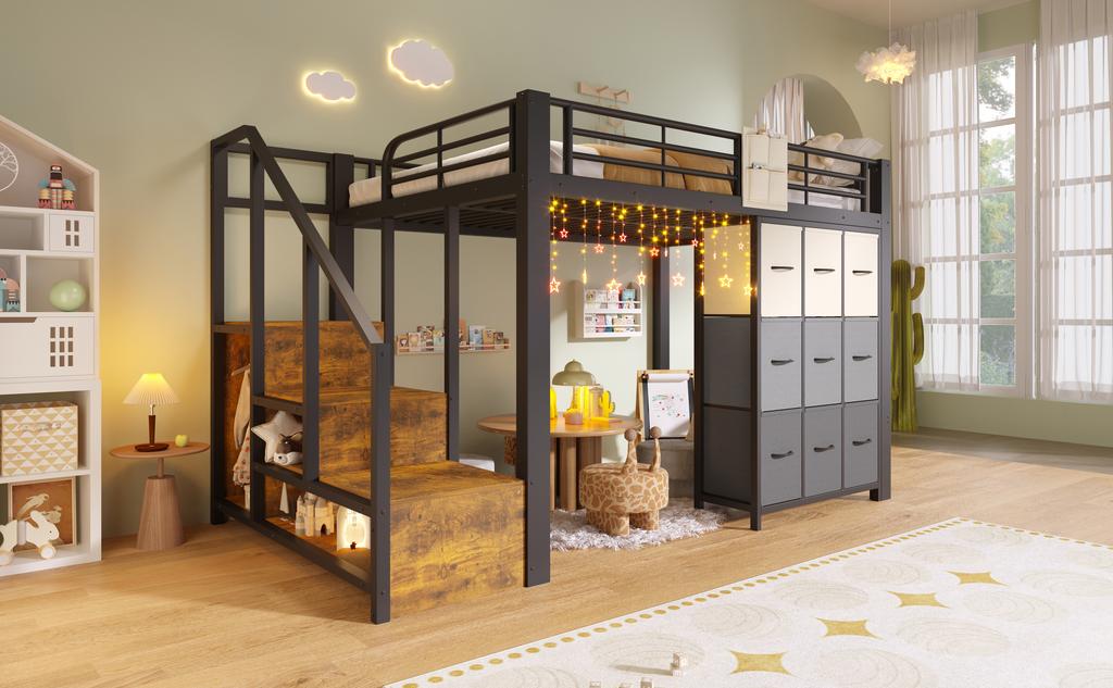 Loft bed, 140×200 cm, metal, with drawers, clothes rail, railing, stairs with storage, without mattress, black