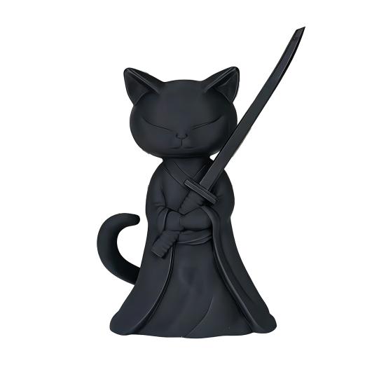 3D-печатная фигурка кота-самурая, держащего длинный меч, статуэтка черного кота, мультяшное животное, украшение для дома и офиса, подарки для любителей кошек