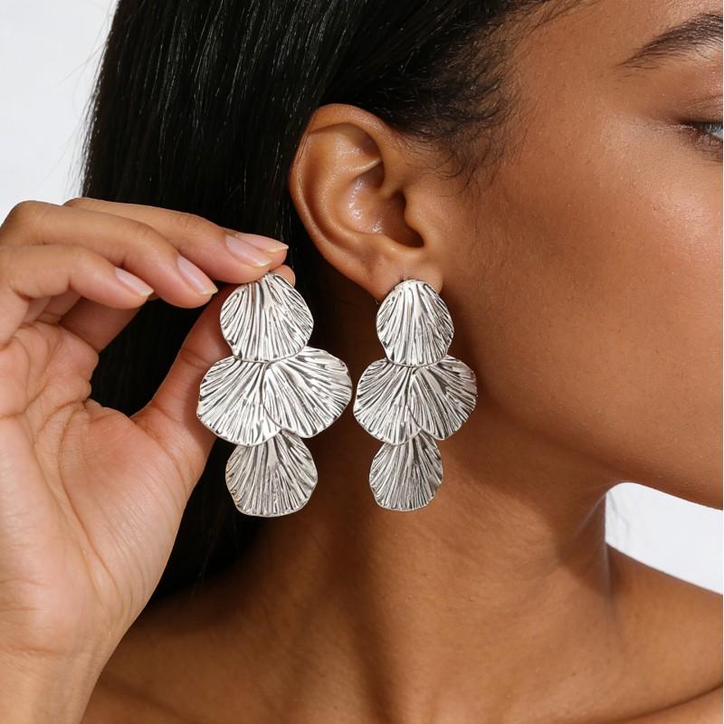 Layered Leaf Earrings With Textured Finish Zinc Alloy Gold Tone Fashion Jewelry Women