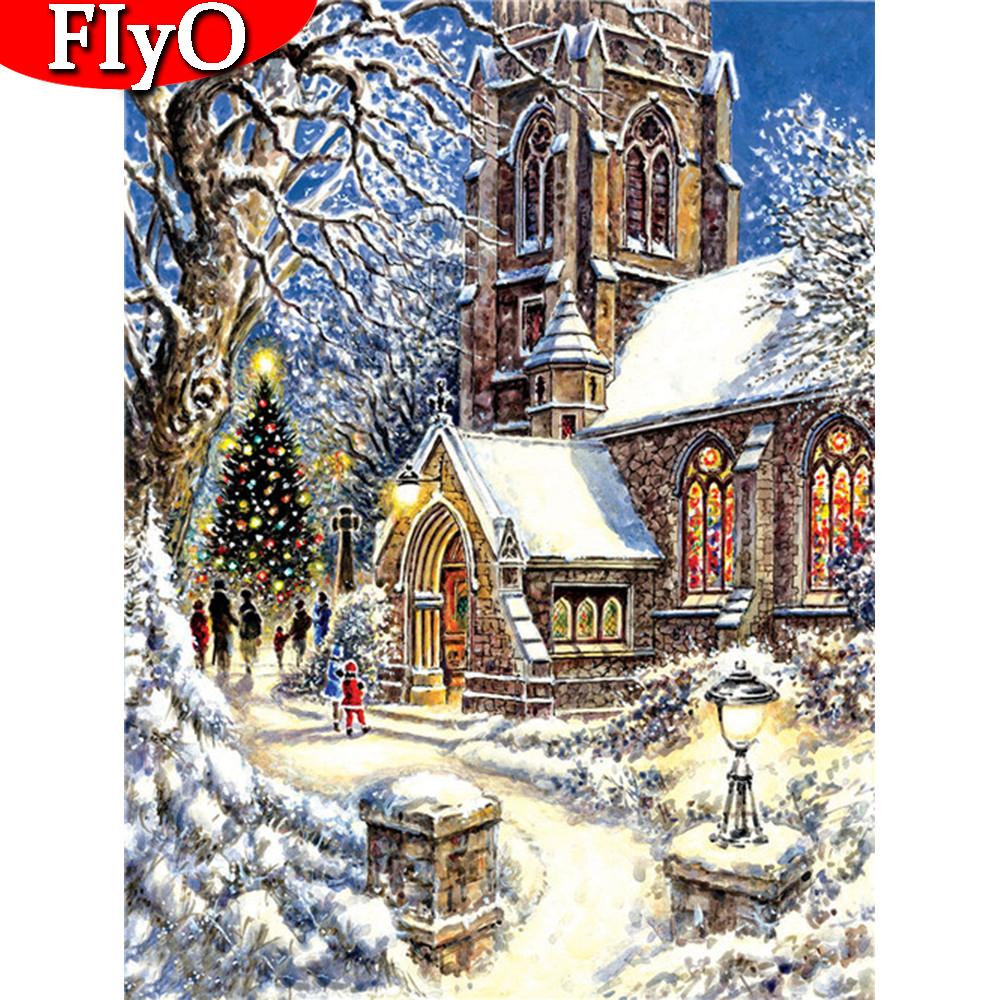 Полный дрель Алмазная картина Дом Алмазная вышивка Зимний пейзаж Мозаика Рождественские украшения Настенное искусство