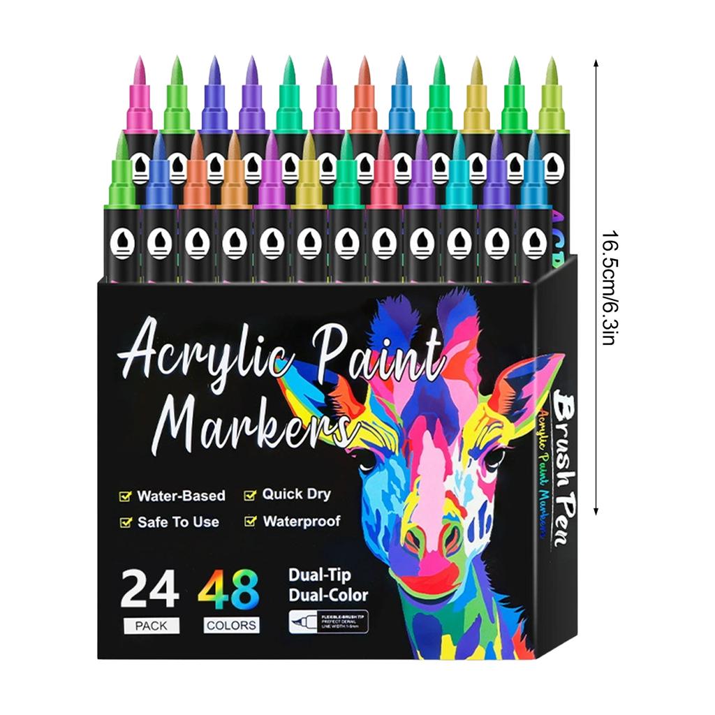 Dual Tip Dual Color Acrylic Paint Markers 12/24 Set for Kids Art Drawing School Supplies Non Toxic Fast Drying Craft Pens