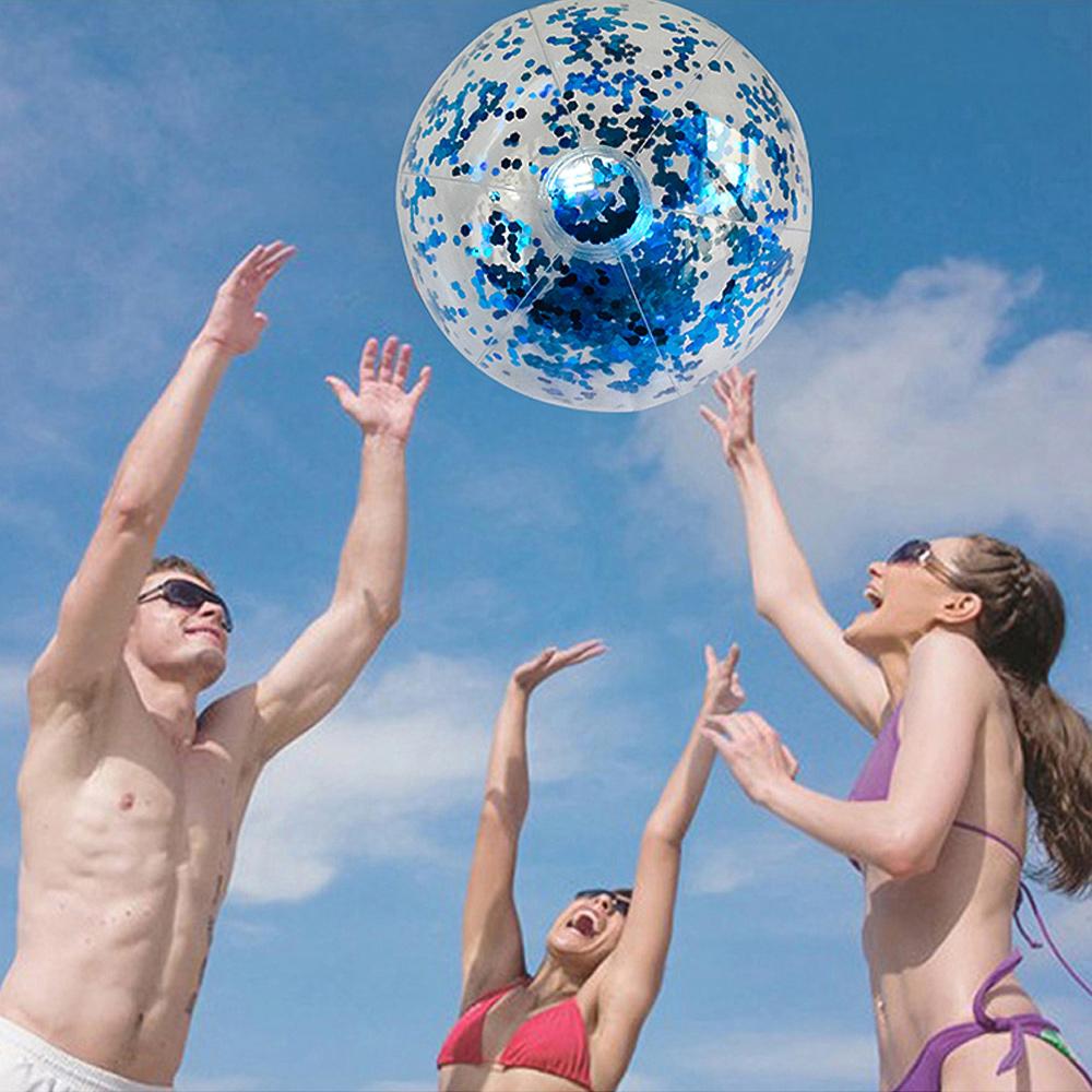 40cm/16inch Beach Ball Transparent Inflatable Swimming Pool Toy Ball with Beautiful Confetti Sequins for Summer Party Water Park