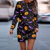 Women's Round Neck Halloween Printed Long Sleeve Hip Dress Sweatshirt Dresses