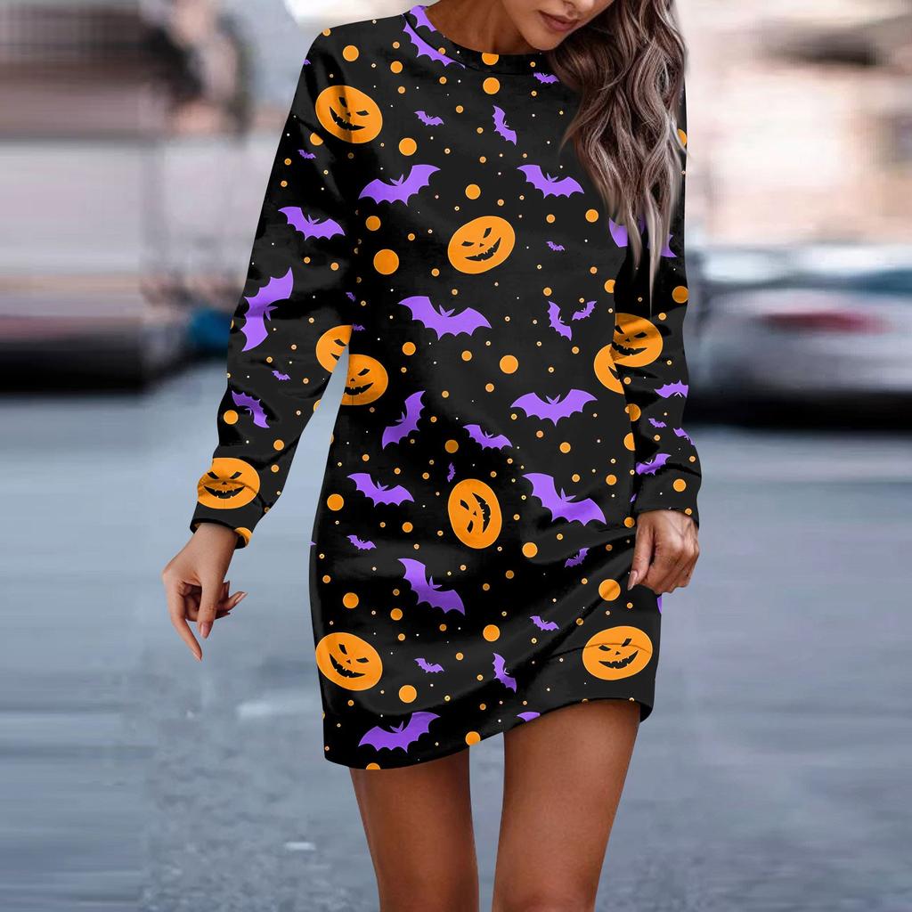 Women's Round Neck Halloween Printed Long Sleeve Hip Dress Sweatshirt Dresses