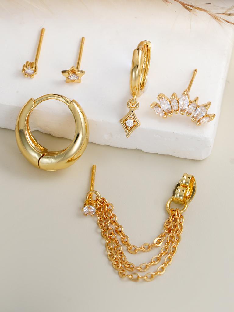 6PCS Sweet Cubic Zirconia Star Crown tassel Earrings Suitable for Women's Vacation, Dating, and Daily Jewelry Wearing