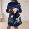 Women Plus Size V Neck Long Sleeve Red Blue Galaxy Swirl Printed Loose Curved Hem Dress