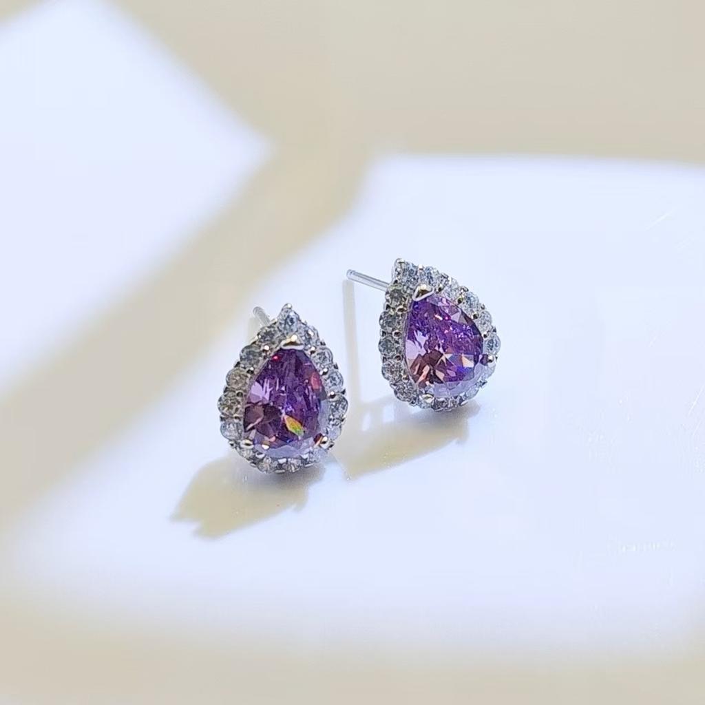 Earrings, Water Drop-shaped Zircon Stud Earrings, Women's Light Luxury High-end Zircon Stud Earrings, Versatile Colored Treasure Earrings.