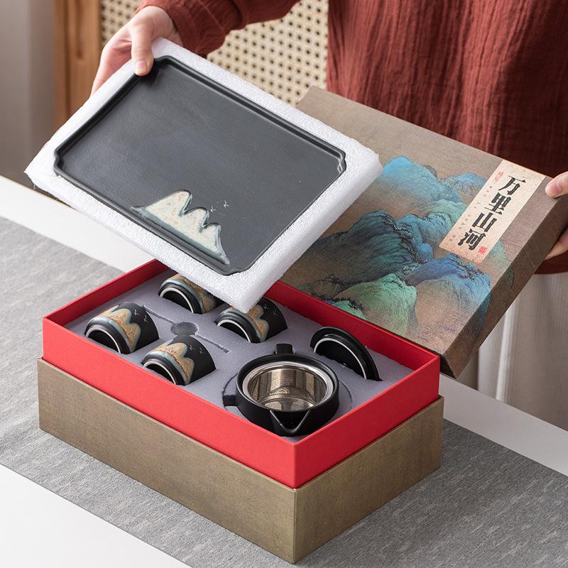 Расписанный вручную чайник с подъемной ручкой в виде далекой горы, чайный сервиз кунг-фу, чайная чашка, чайный поднос, подарочная коробка в твердом переплете, высококлассный бизнес-сувенир