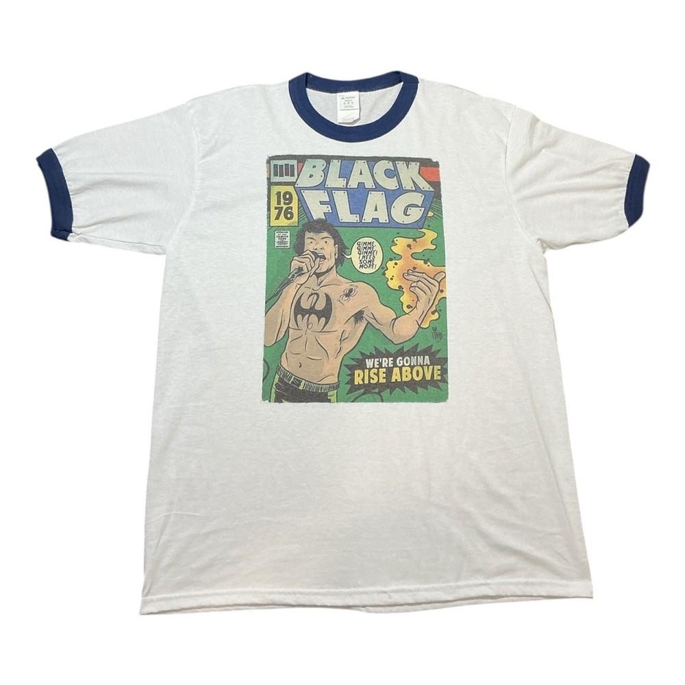 Black Flag Rise Above Graphic Ringer Tee Mens White Navy Blue Punk Shirt 2XL Unisex T-Shirt