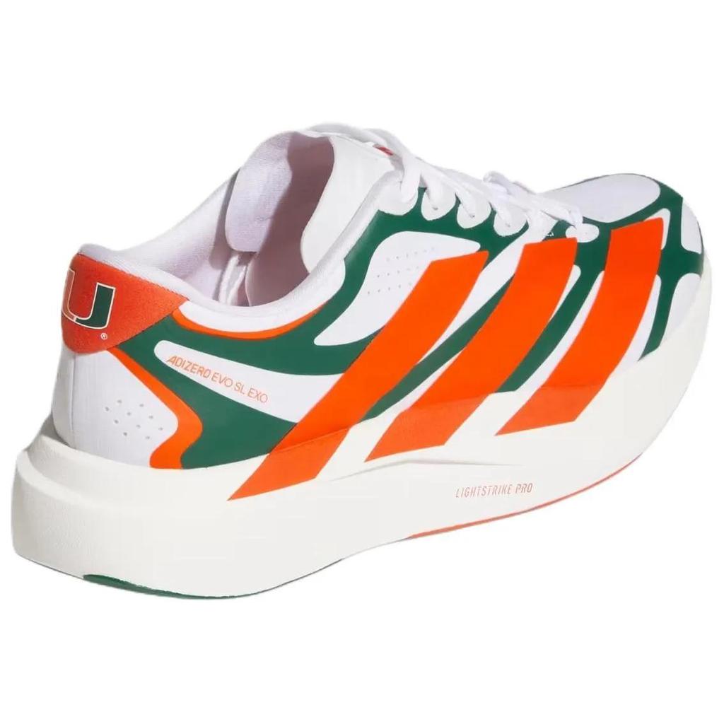 adidas Adizero Evo SL Exo 'Miami Hurricanes' (Unisex) Cloud White Dark Green Collegiate Orange Running Shoes LA1981