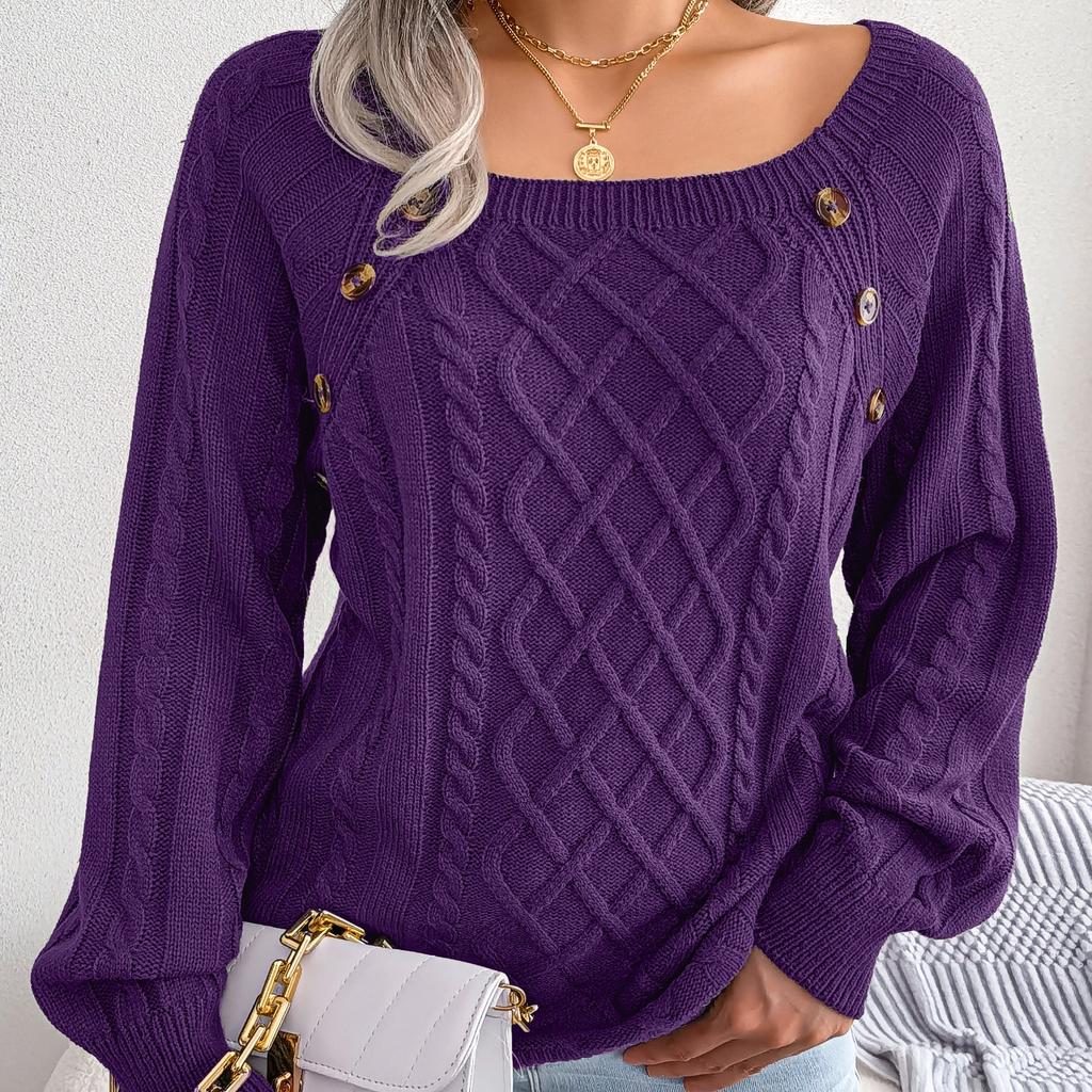 GMXIA Women's Fashion Rhombus Print Casual Autumn Winter Long Sleeve Square Collar Loose Nail Button Twist Knit Pullover Sweater