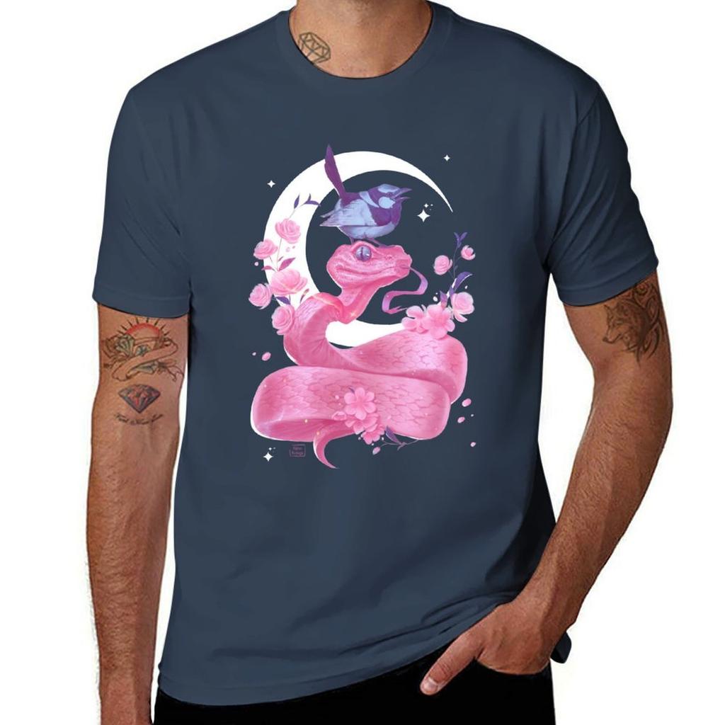 Pink Snake And Bird Tshirt Fashion Pattern Printed Tee Shirt