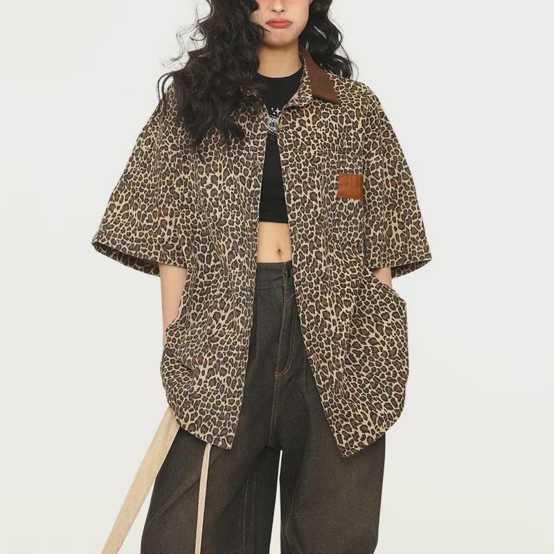 Unisex Vintage Leopard Print Polo Collar Short Sleeve Street Jacket