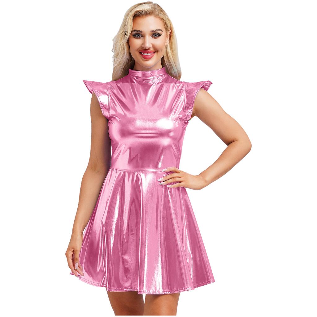 Women's Halloween Party Dress - Shiny Metallic A-line with Mock Neck & Cap Sleeves Fashion Bar Club Wear