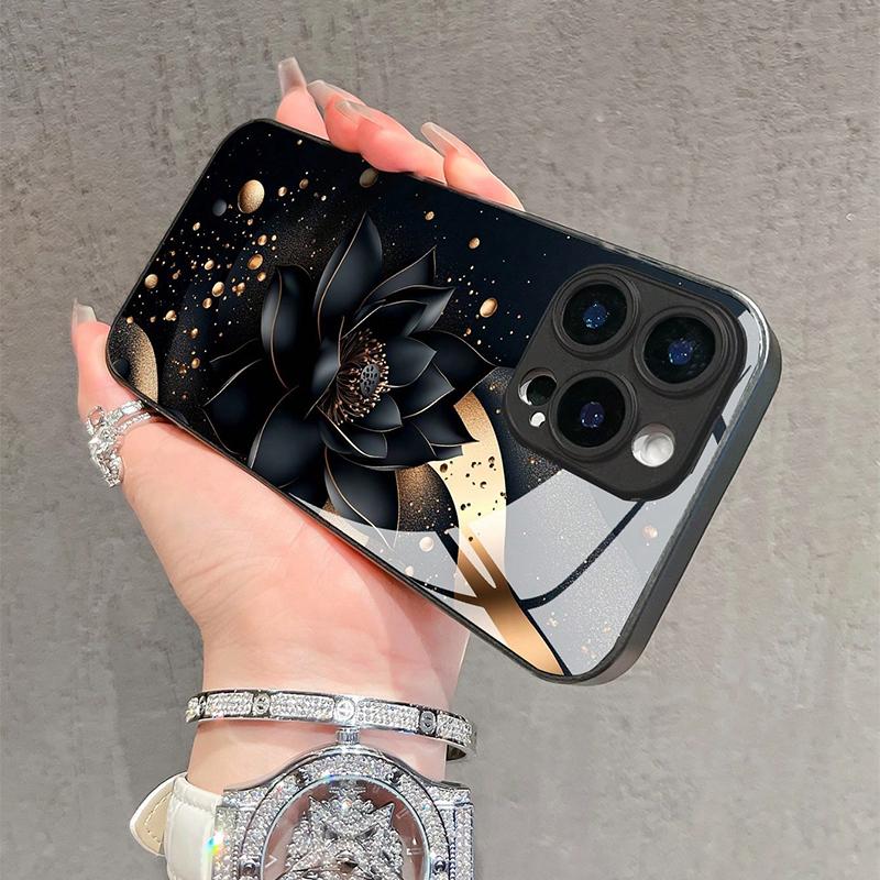 Роскошный черный чехол для телефона с узором «Цветок лотоса» из закаленного стекла для Samsung Galaxy S25 S24 S23 Ultra Plus FE