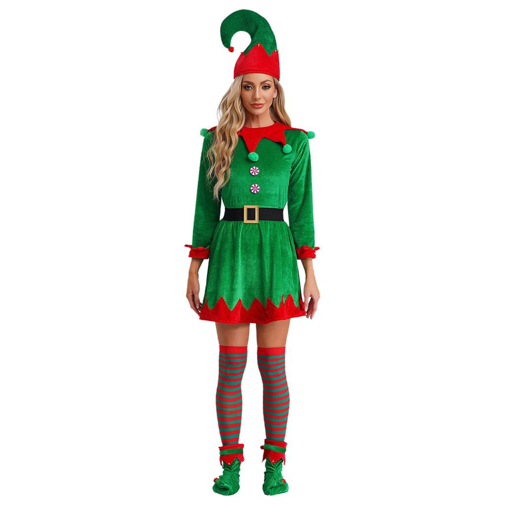 Женский рождественский костюм эльфа Набор из 5 предметов Платье из контрастного бархата с помпоном Пояс на талию Шляпа Полосатые чулки Туфли