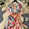 Летние женские дизайнерские винтажные принты на подиуме платья с коротким рукавом и шнуровкой, облегающие платья-карандаши для вечеринок