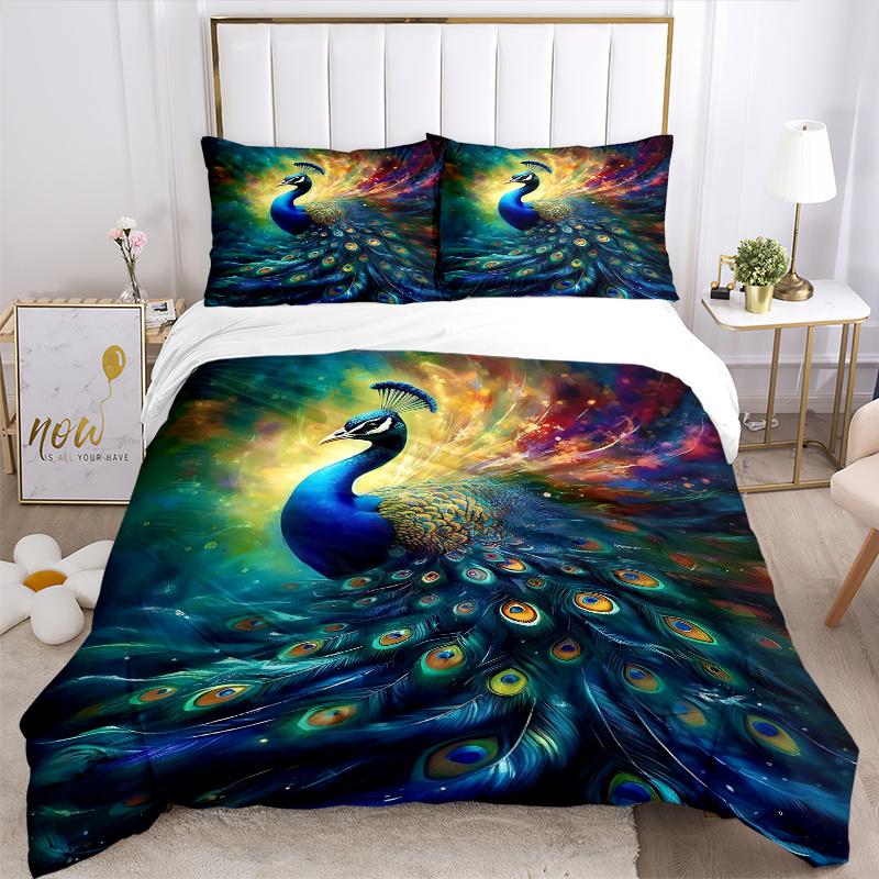 3pcs Peacock with Colorful Feathers Printed Quilt Set - Includes 1 Quilt Cover and 2 Pillowcases, Machine Washable - Suitable for All Seasons.J07